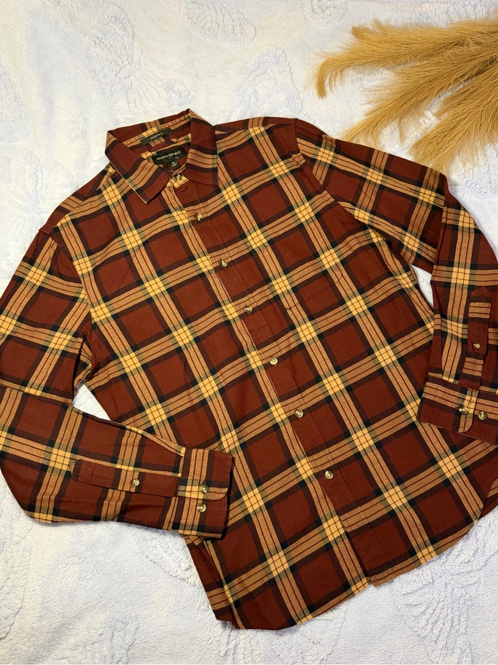 Banana Republic Rust Brown and Mustard Plaid Button-Down Shirt